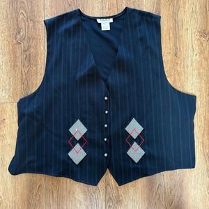 VTG 90s Ashley Reed Navy Pinstripe Argyle Button Front Vest Plus Size 28W USA 2X